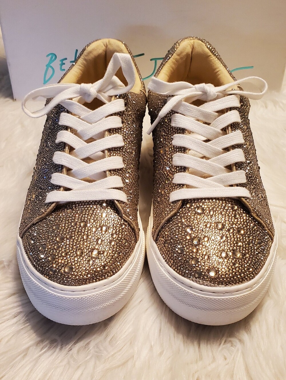 Betsey Johnson Suton Rhinestone Platform Sneakers Gold Bling Sparkle Size 10 - Picture 3 of 11